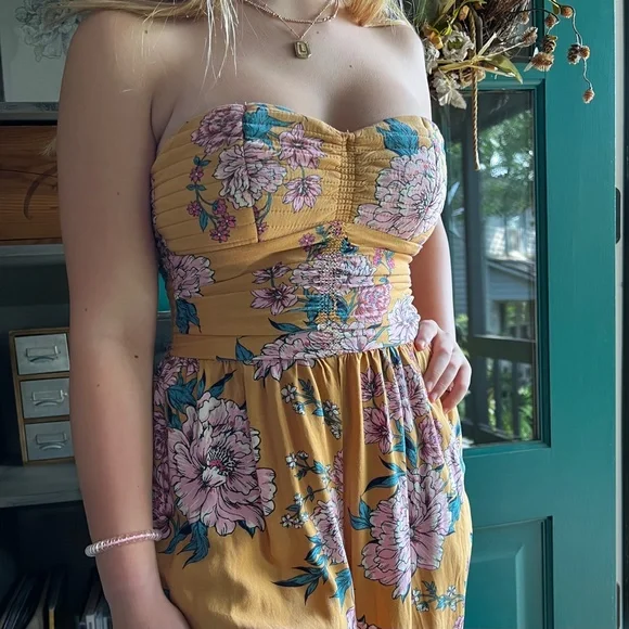 Boho! [band of gypsies] Yellow Pink Teal Floral Strapless Wide Leg Jumpsuit | XS - Picture 9 of 10